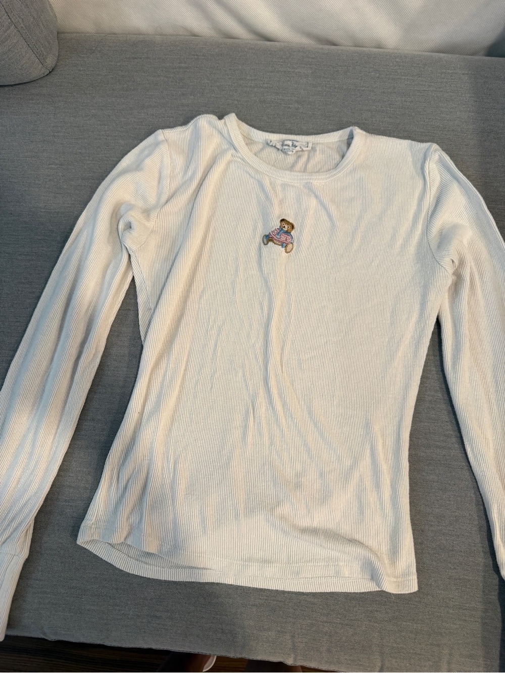 Brandy Melville White Ribbed Long-Sleeve Tee with Bear Patch